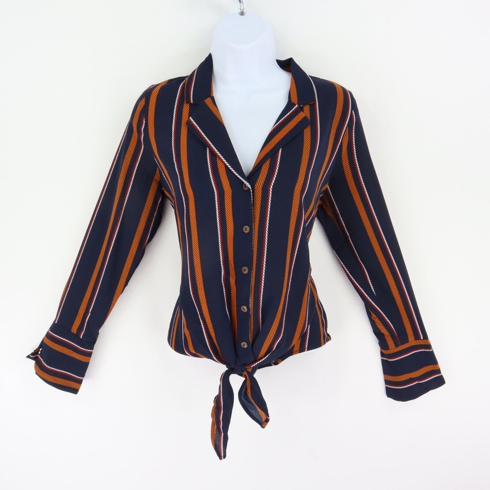 Monteau Button Up Shirt Womens Sz M Multicolor Striped Long Sleeves Collared Tie
